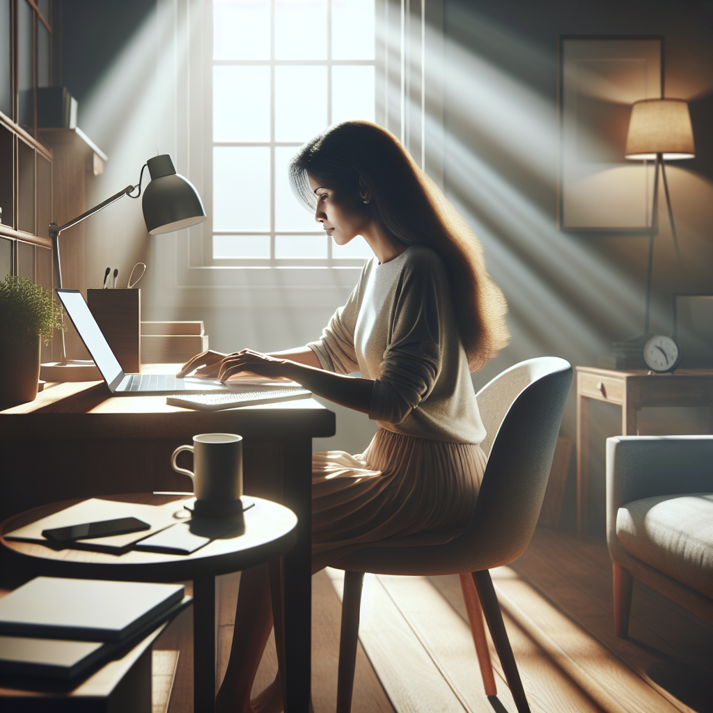 A person working on a laptop in a cozy home office with natural light, demonstrating the comfort and flexibility of earning money online.