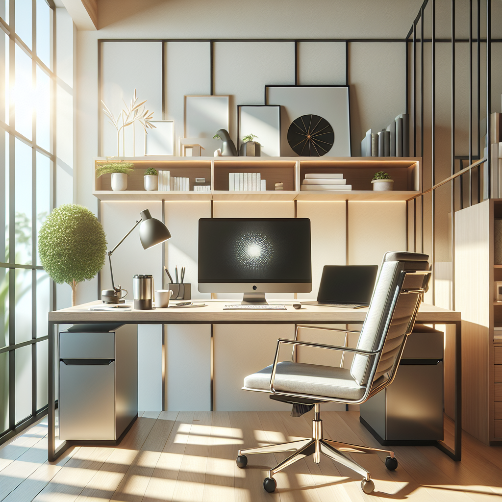 A modern home office setup for remote work with a laptop, notepad, coffee mug, and smartphone on a clean desk.