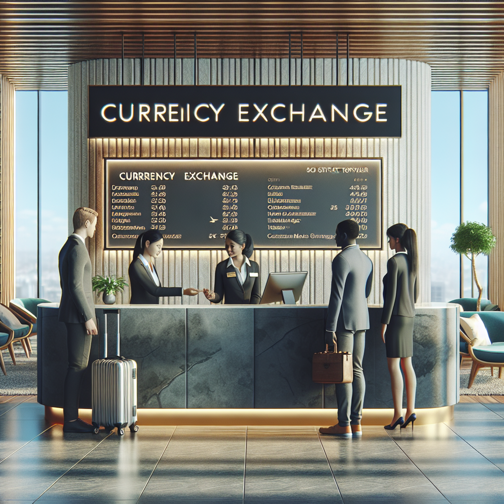 A realistic image of V Hotel's Money Changer with staff assisting travelers in a modern lobby.