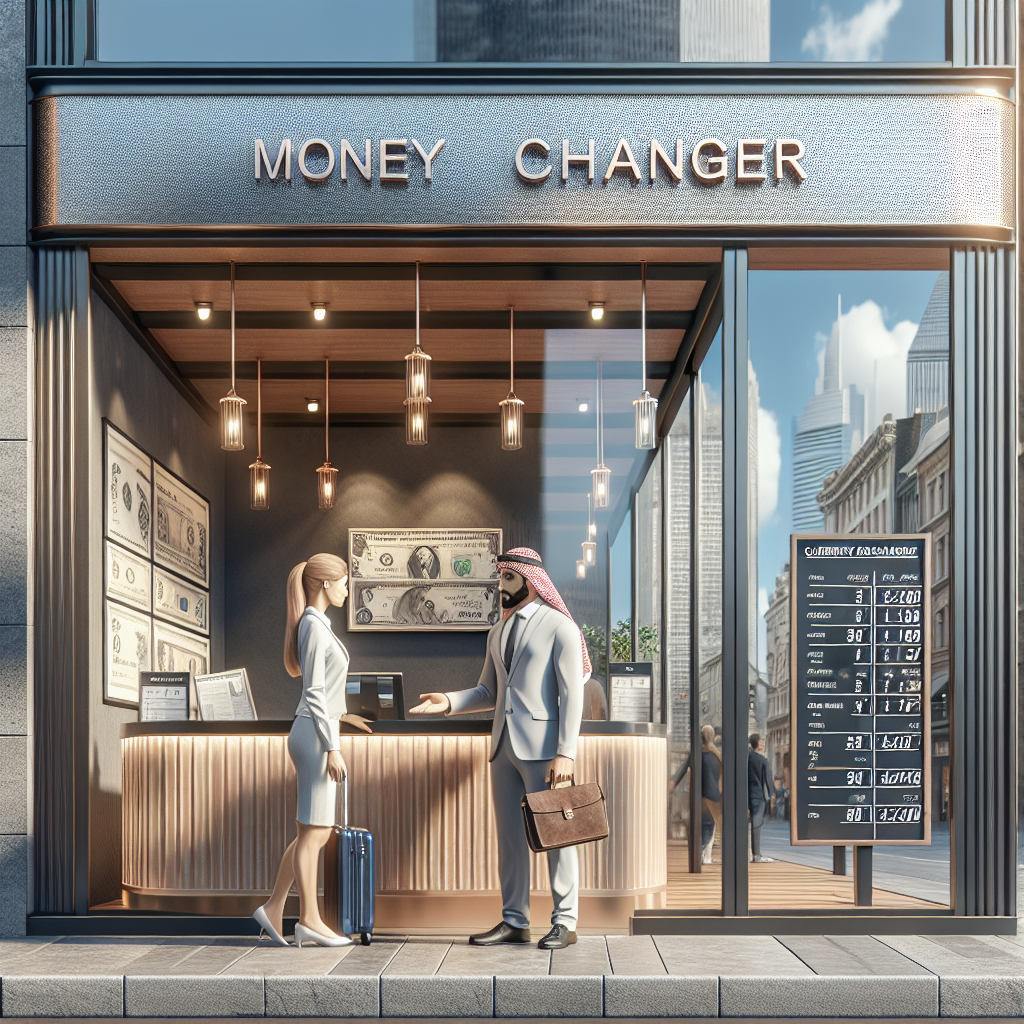 V Hotel's Money Changer with a modern and elegant storefront and a staff member assisting a traveler.