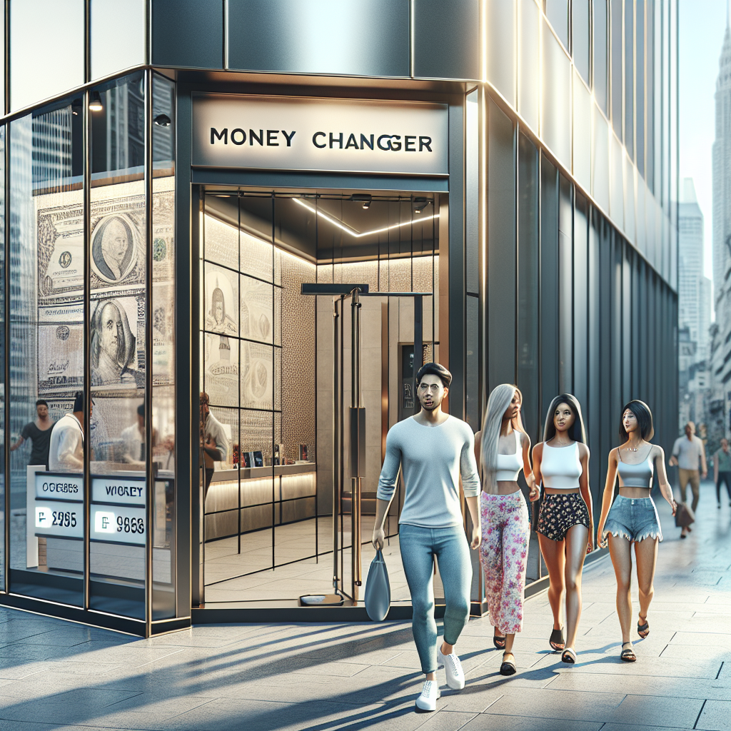 Entrance to V Hotel's Money Changer in the city center, with modern design and people passing by.