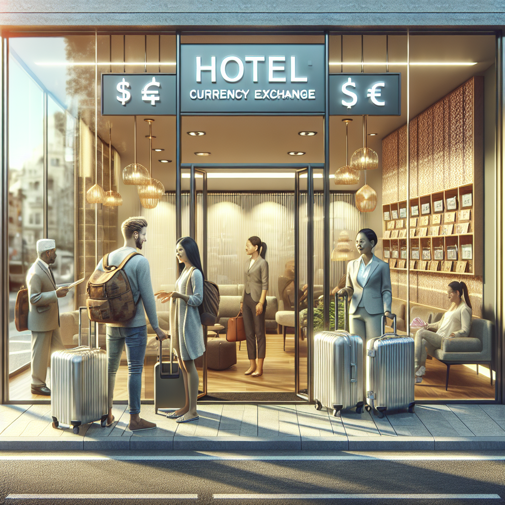 Realistic image of V Hotel's Money Changer storefront with travelers and staff in a bustling city setting.