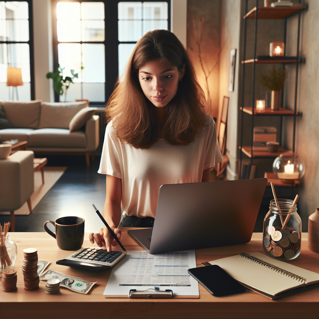 A young woman budgeting at a desk in a cozy living room, representing saving money on a $2000 salary.