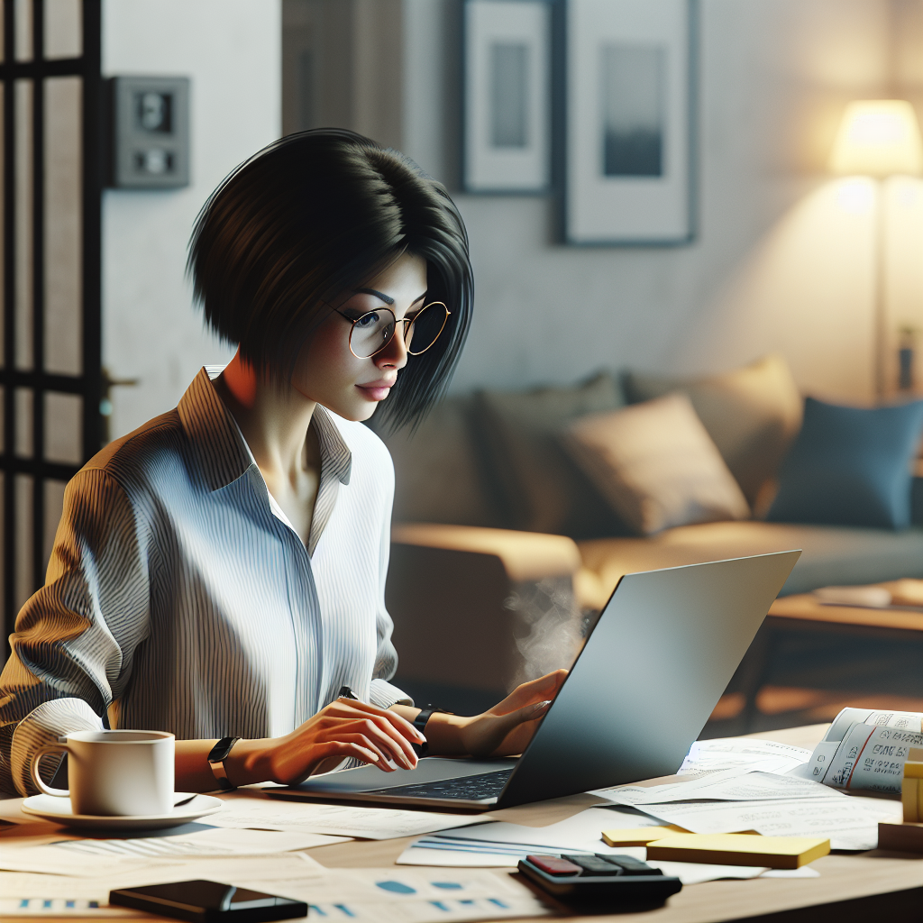 A young professional managing finances at a cluttered desk in a modest apartment.