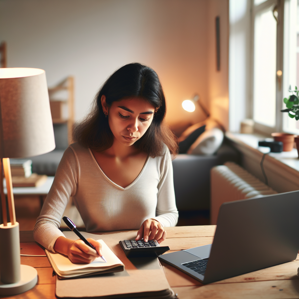 A young person managing finances in a modest apartment, with a laptop, calculator, and notebook.