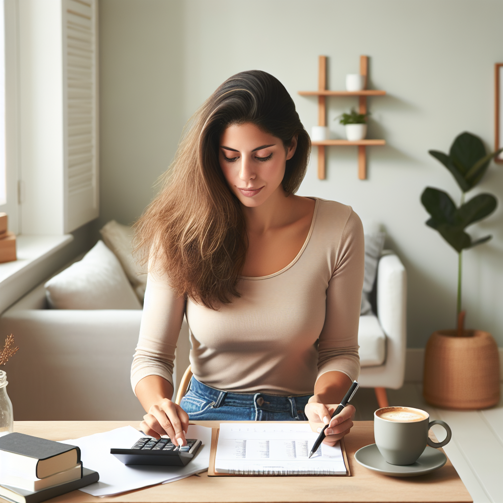 A person in their late 20s creating a budget plan at a small desk in a modest apartment.