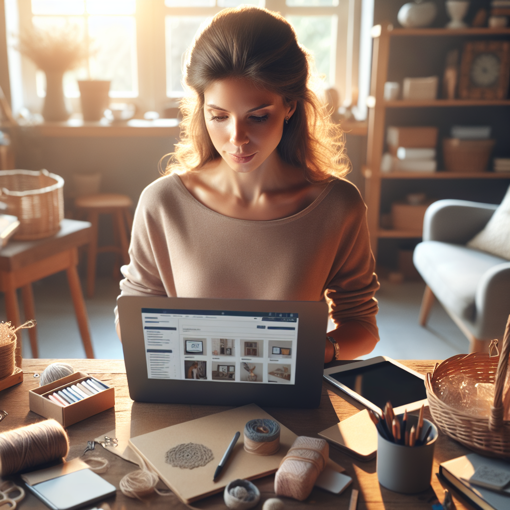 Young entrepreneur working at her home desk with products to sell online, including handmade crafts, e-books, and small electronics.