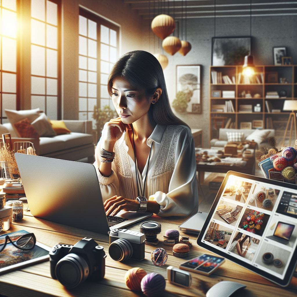 A person working on a laptop surrounded by items for online selling, including e-books, crafts, and electronics, in a bright home office.