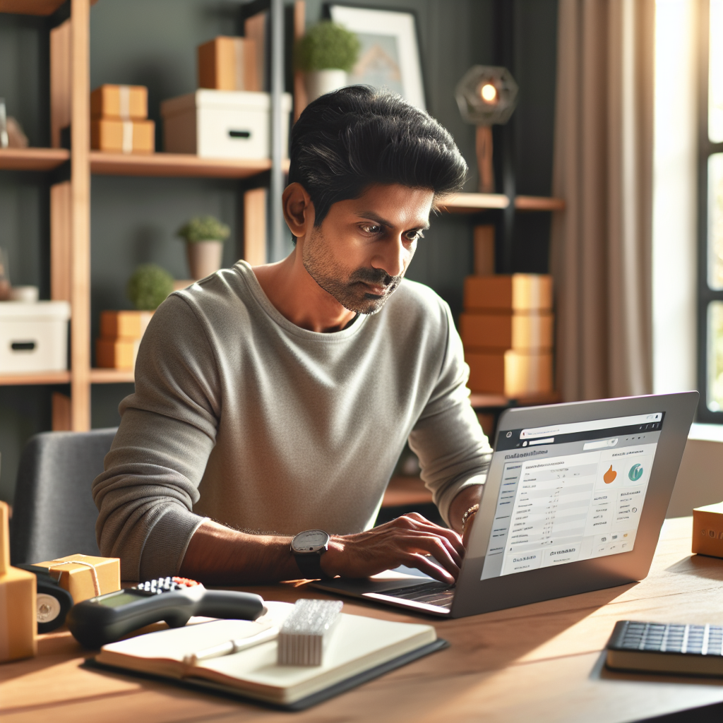 Person working on a laptop in a modern home office, focusing on e-commerce.