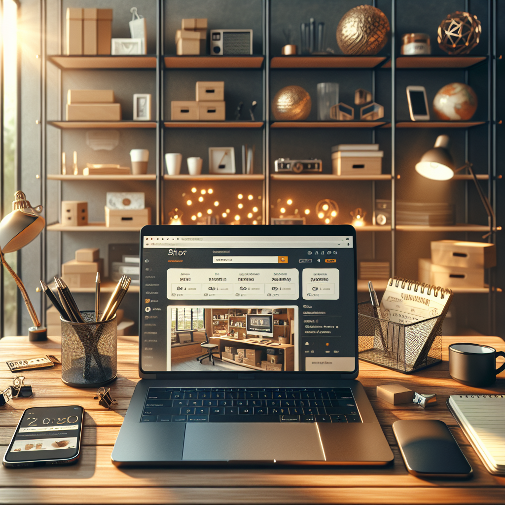 A well-organized home office desk setup for online selling with a laptop and various products.