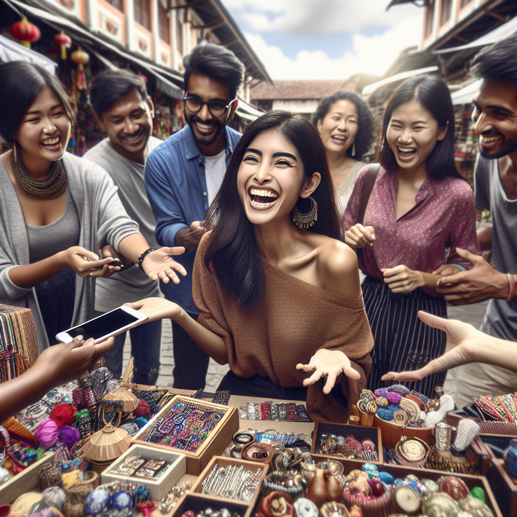 A young entrepreneur showcasing items for sale illustrating ways to earn money through sales in a blend of e-commerce platforms and local markets.