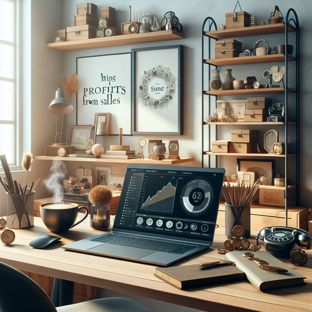 A modern home office setup with a laptop, products for sale, and shelves in the background.