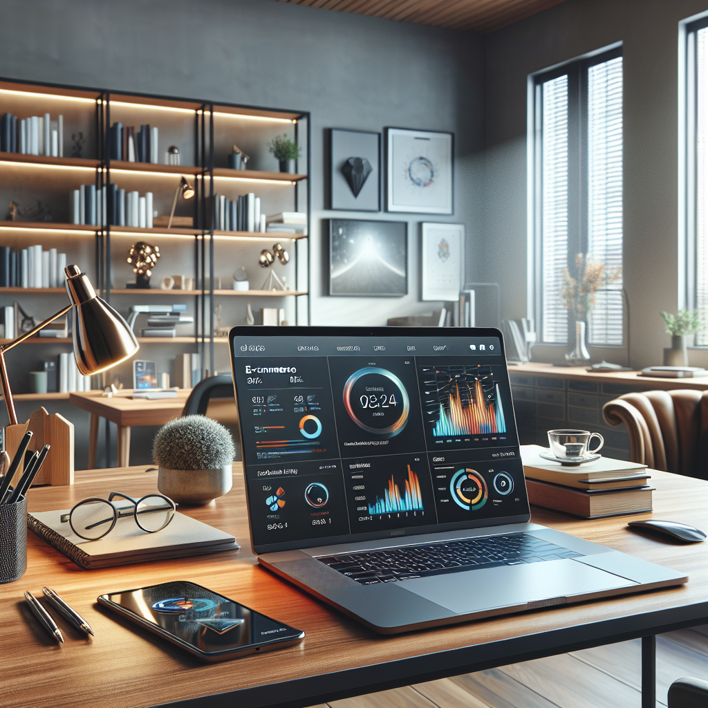 Modern home office setup with a laptop displaying e-commerce dashboard, surrounded by office supplies and warm lighting.