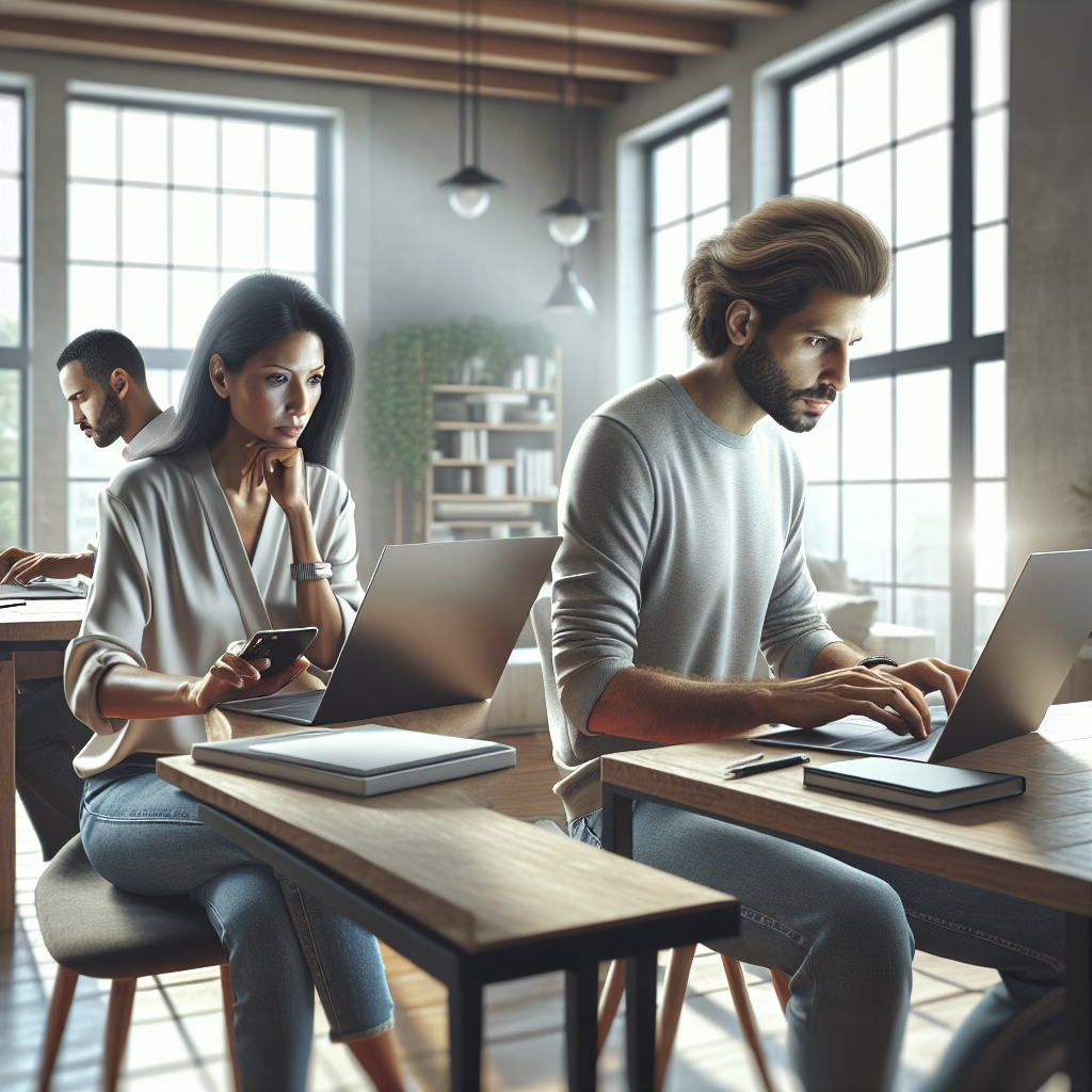 People working on laptops and smartphones in a modern home office, engaged in online selling tasks.