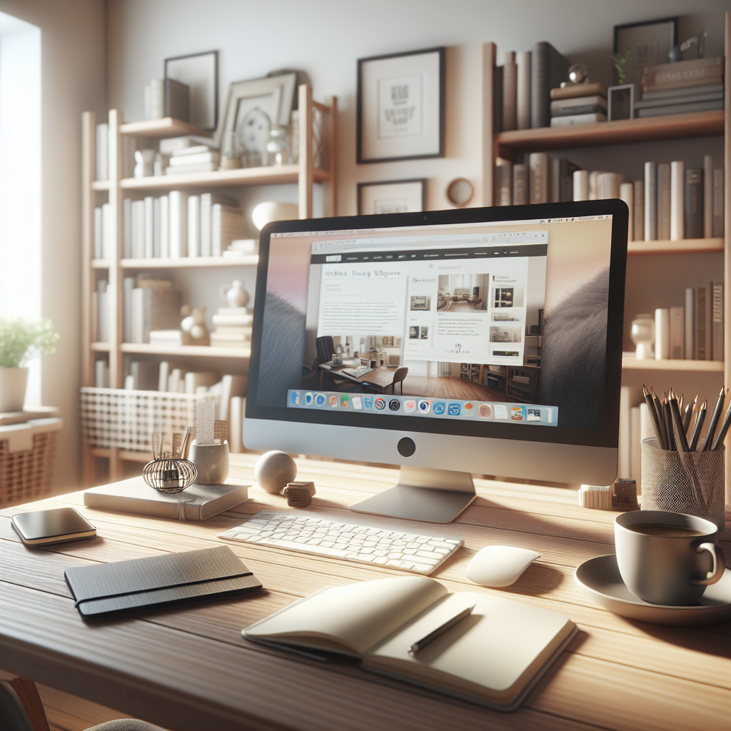 A cozy home office setup with a modern desk, laptop, notebook, and coffee mug, well-lit with natural light.