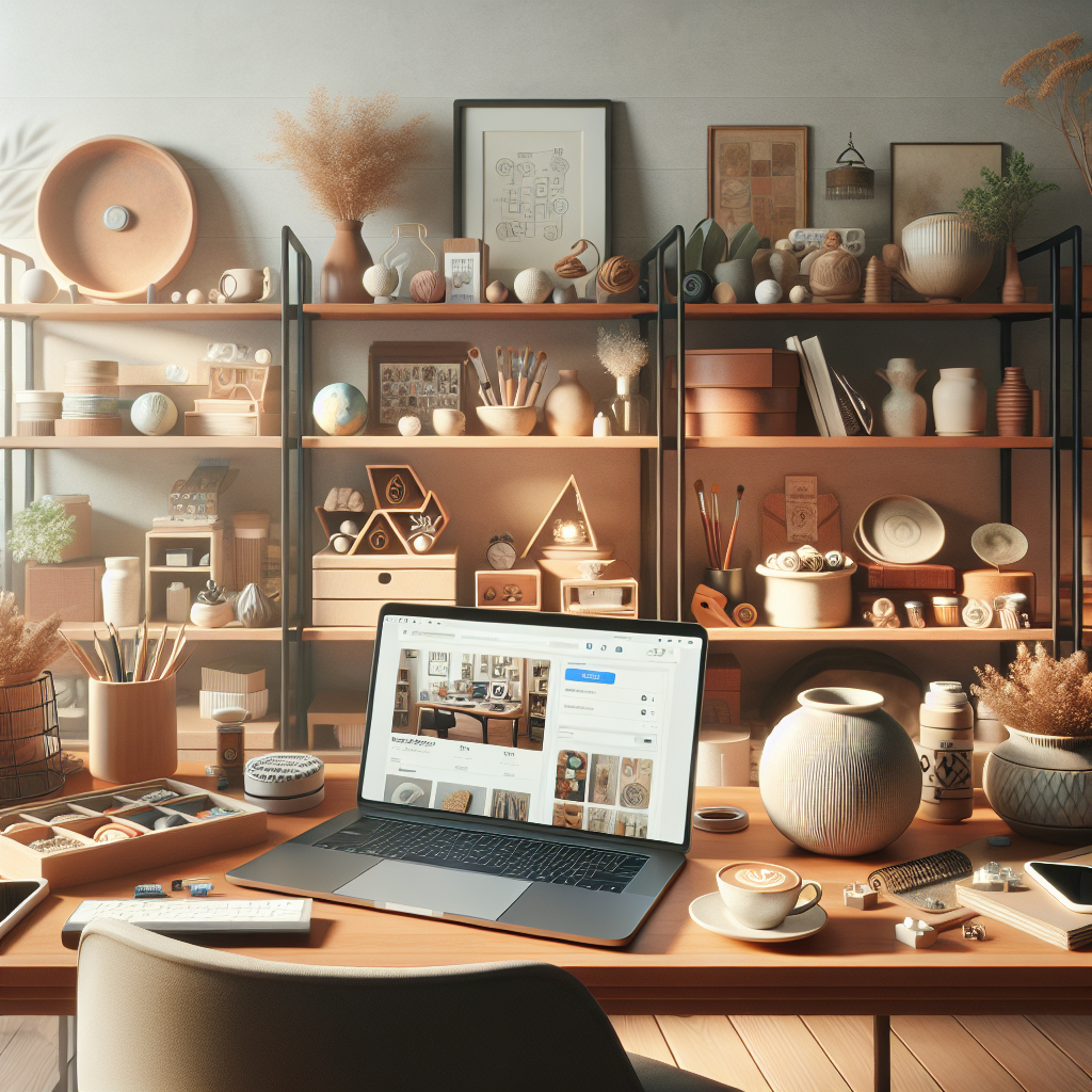 A realistic depiction of a cozy workspace showing various items for online selling: handmade crafts, digital products, and used items.