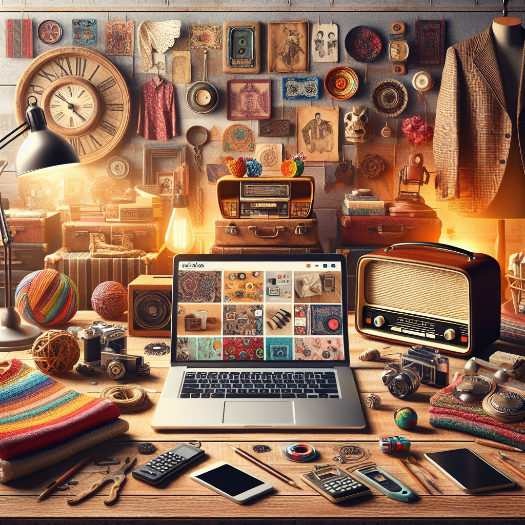 Various ways to earn money by selling items online, with handmade crafts, vintage items, digital products, second-hand clothing, and used electronics on display.