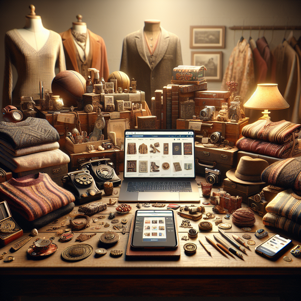 A scene of various items being sold online, including second-hand clothing, handmade crafts, vintage items, and digital products, without any text.