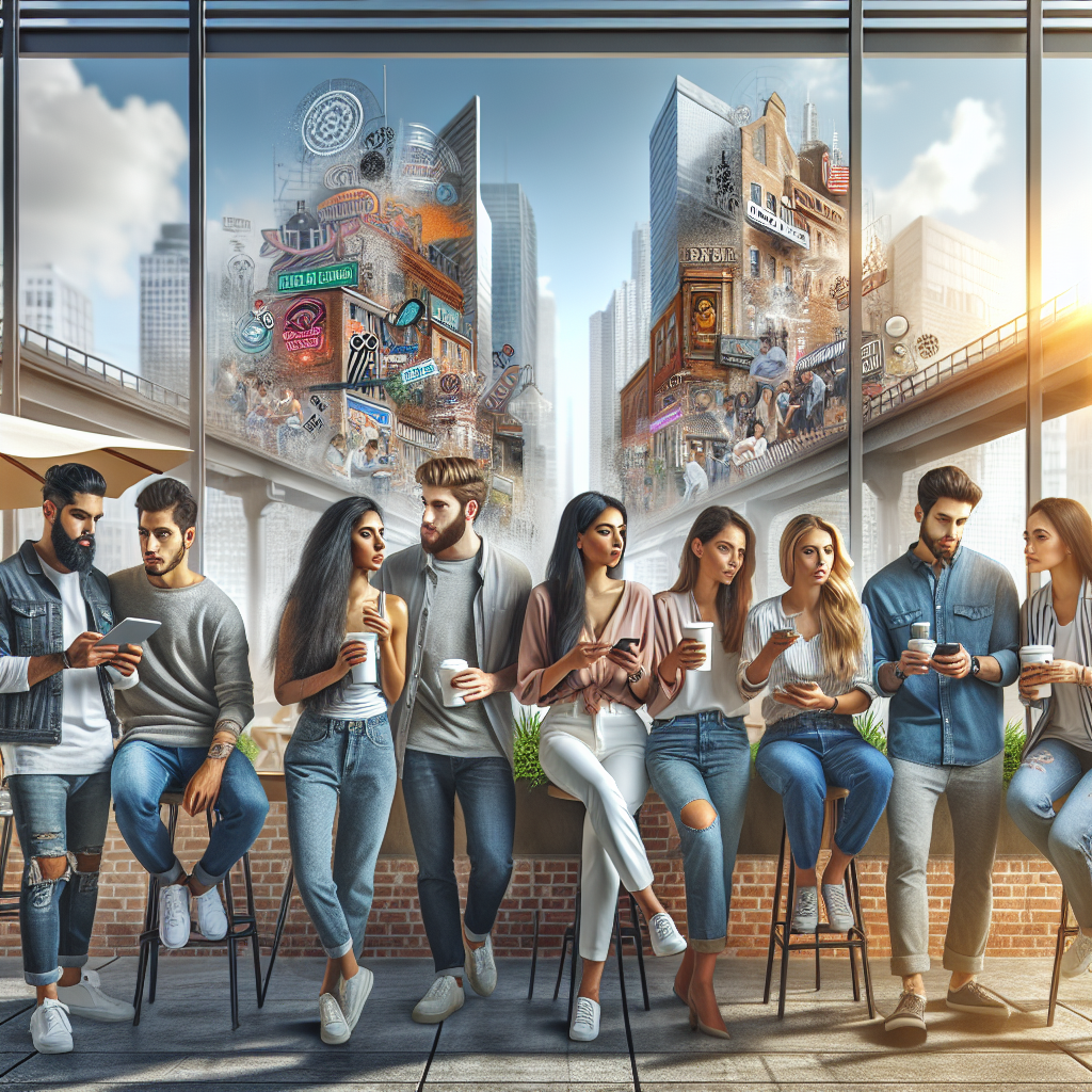 A diverse group of Millennials socializing in a modern urban setting, engaged in various activities.