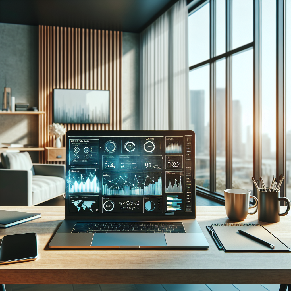 A modern home office setup with a laptop showcasing digital income options, surrounded by office essentials and an urban view.