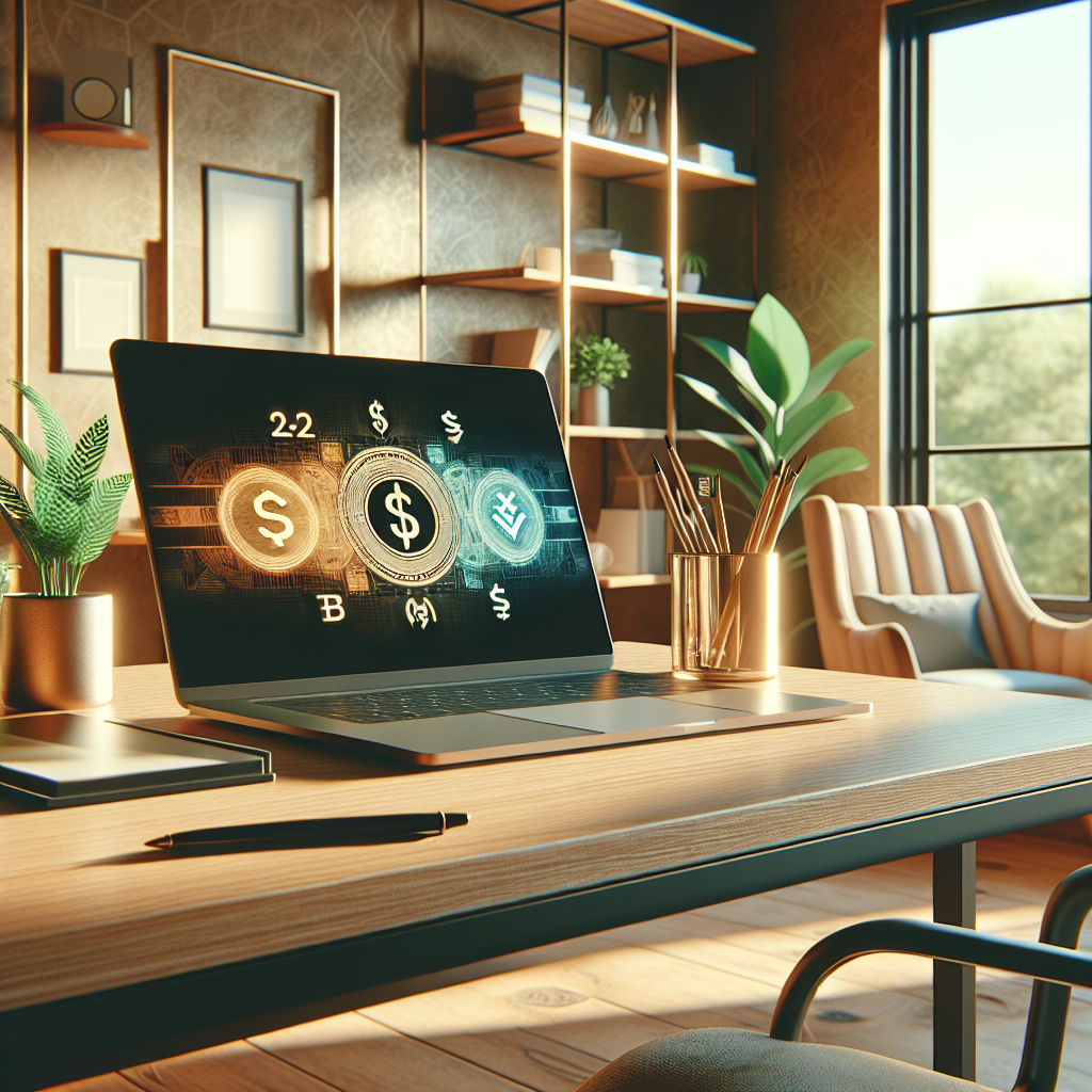 A realistic home office setup illustrating the concept of earning money online with a laptop showing various currencies.