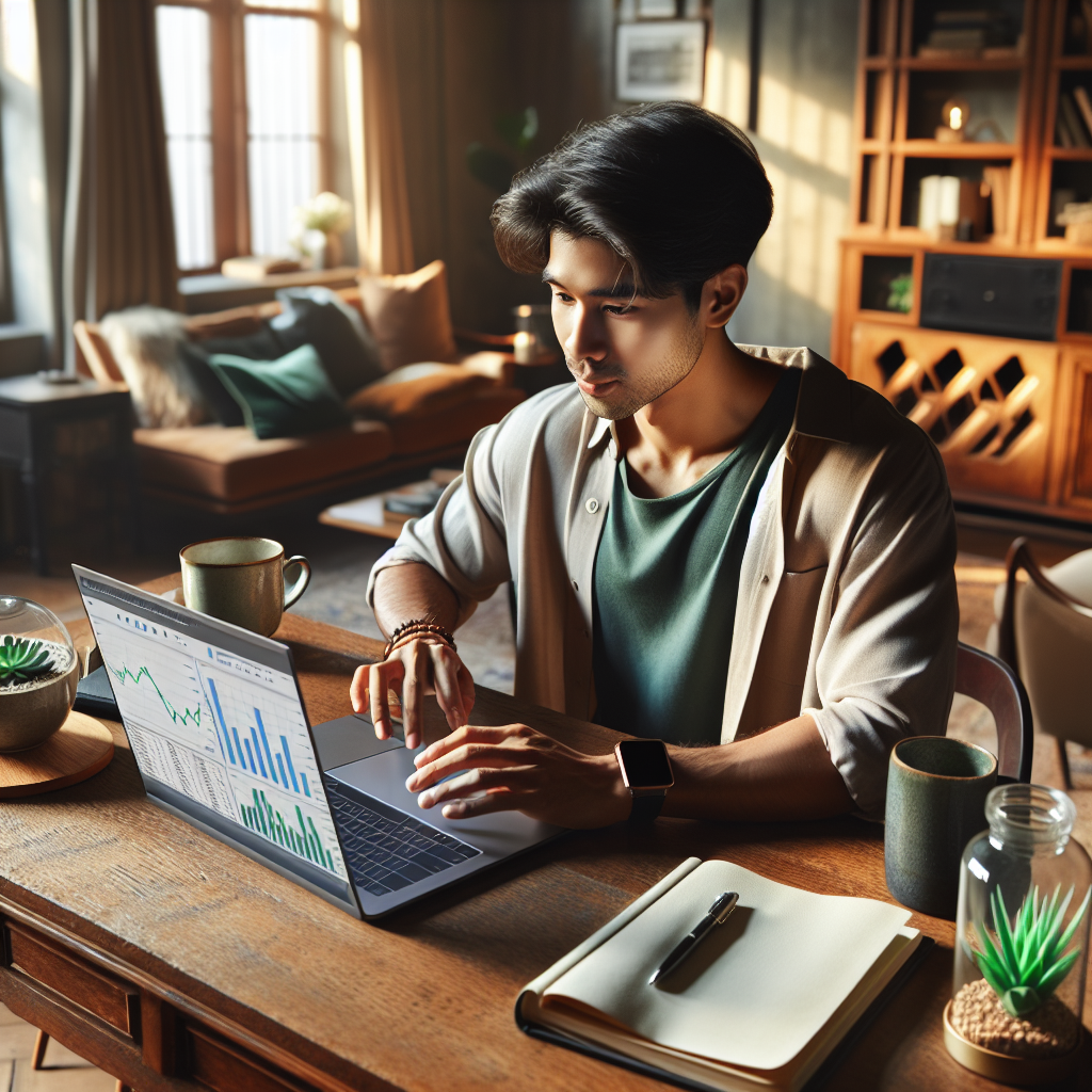 Young professional working on a laptop in a cozy home setting.