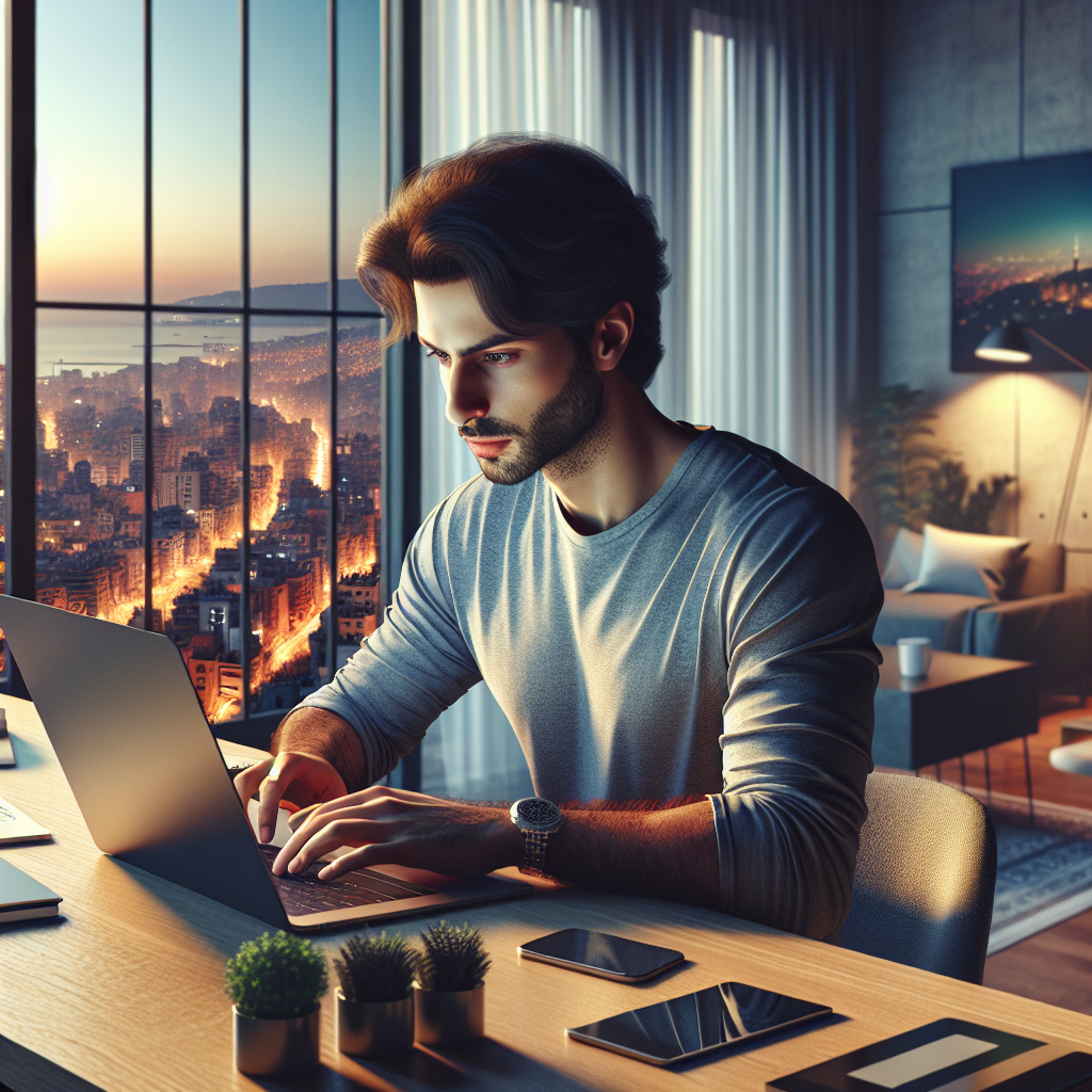 A young man working on a laptop in a modern home office with a view of Beirut outside the window.