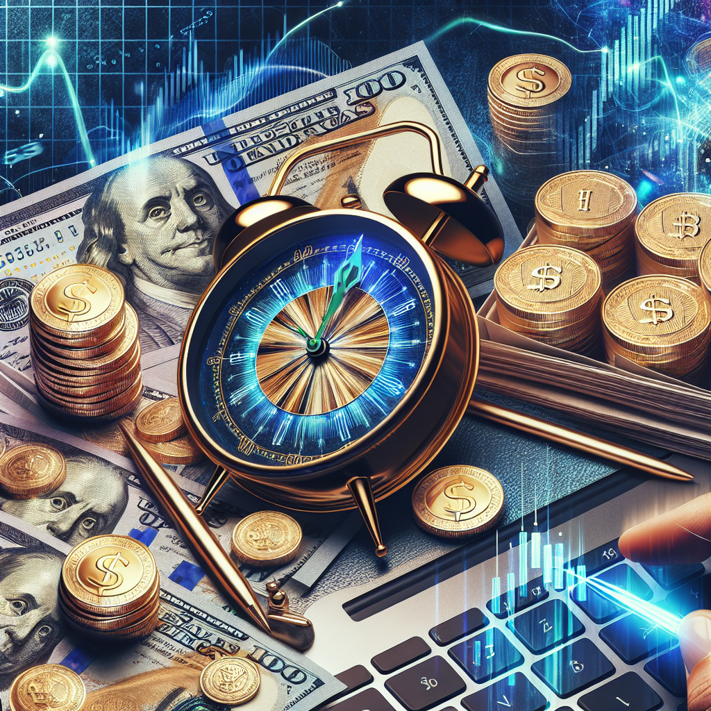 Realistic image of symbols representing quick money-making, including banknotes, coins, financial graphs, a clock, and a laptop or smartphone.