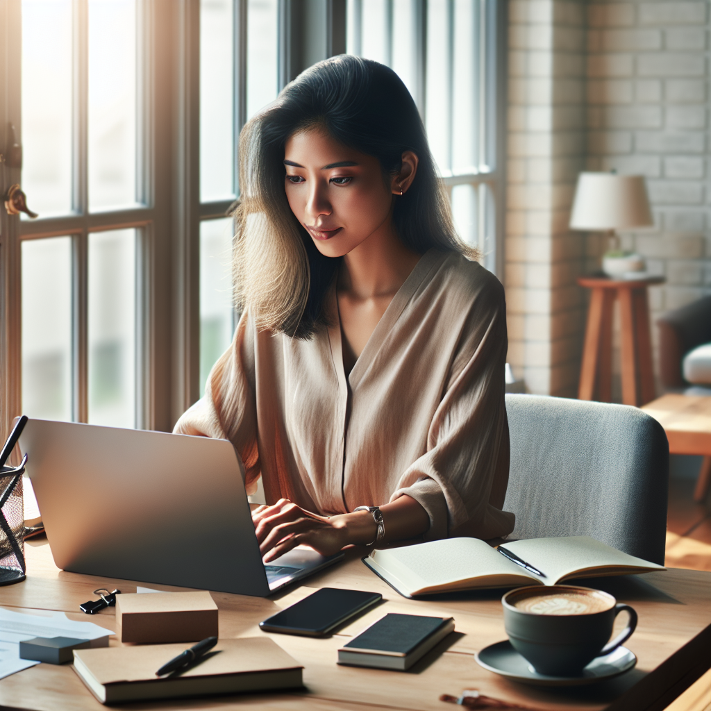 A person freelancing on a laptop at a home office.