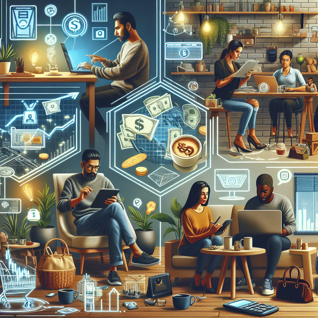 A realistic scene of people engaging in modern money-making activities such as remote work, stock trading, and online selling.