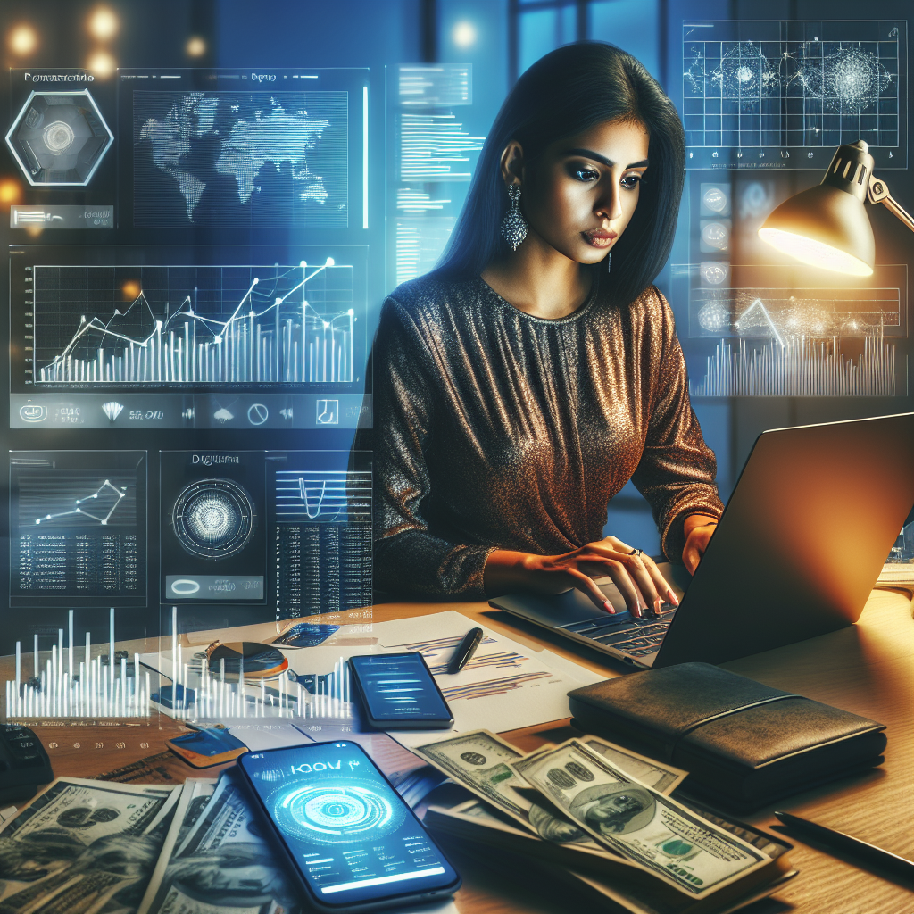 A realistic image of someone making money today in a contemporary workspace surrounded by modern tools and financial elements.