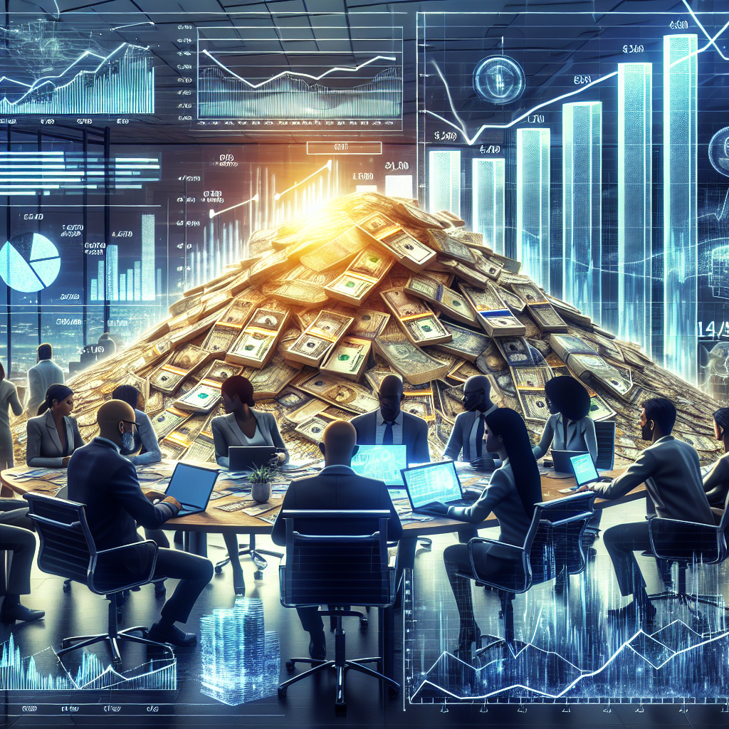 A realistic scene depicting rapid cash generation with stacks of money, growth charts, and a business meeting in a modern office.