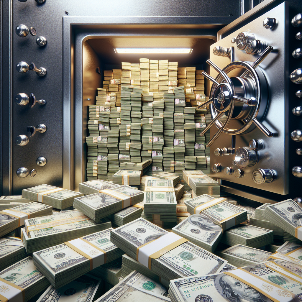 Realistic depiction of stacks of cash overflowing from a safe.