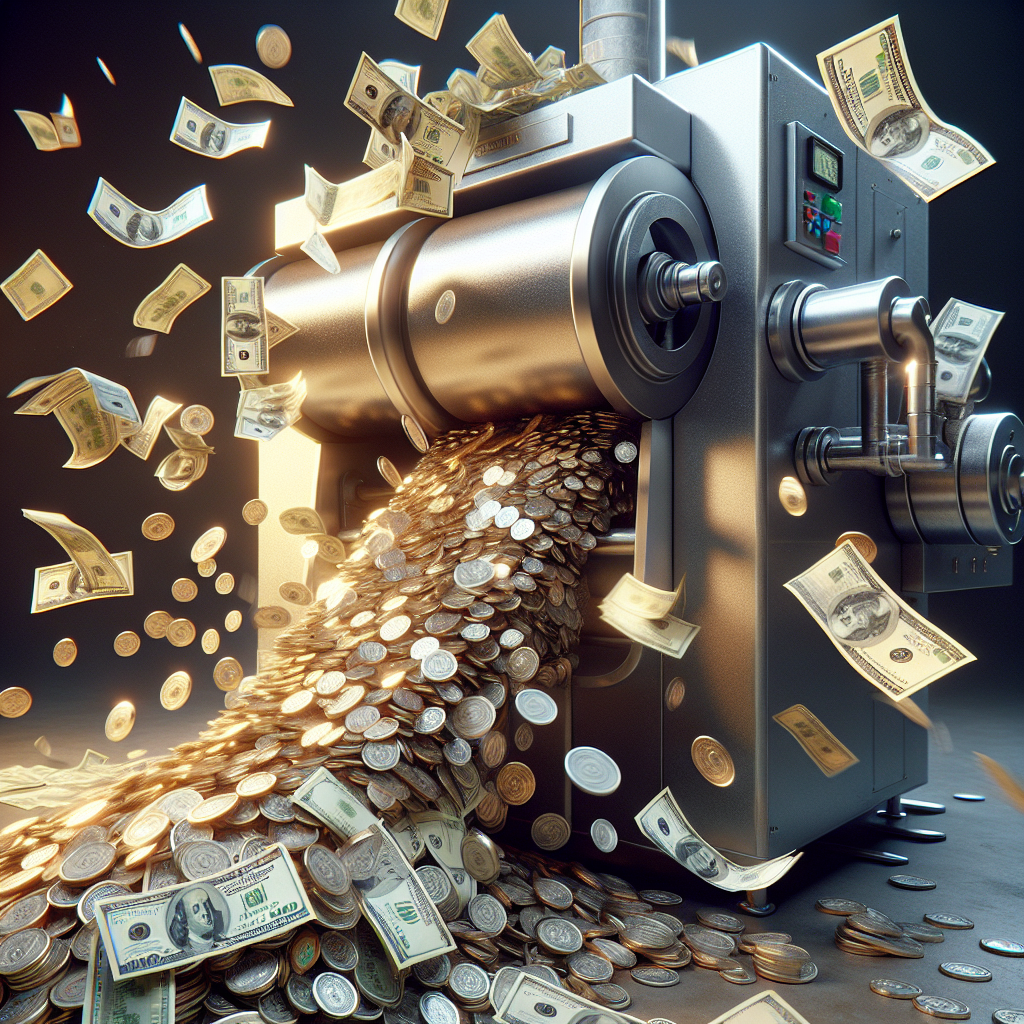 A realistic image illustrating rapid cash generation with flowing currency notes and coins.