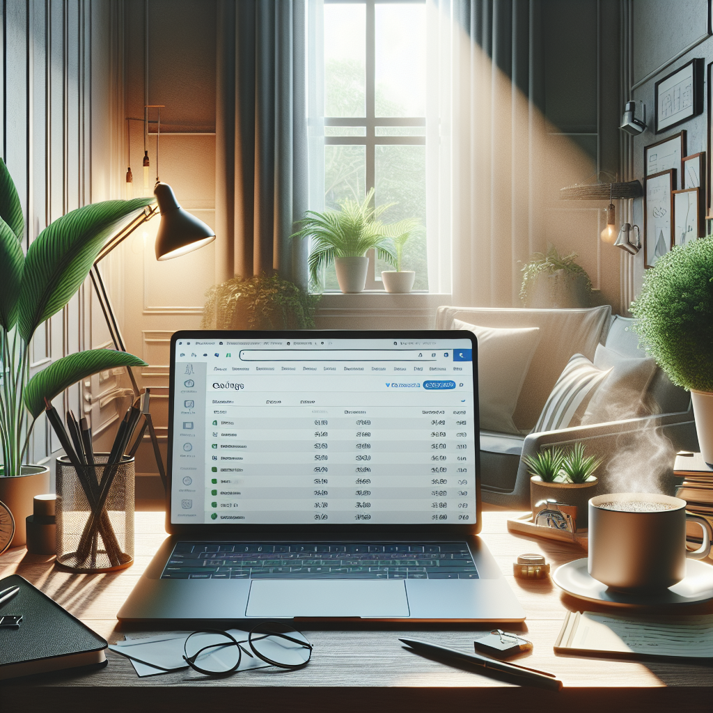 A clean and organized workspace depicting easy online earnings with a laptop, coffee cup, plant, and notebook.