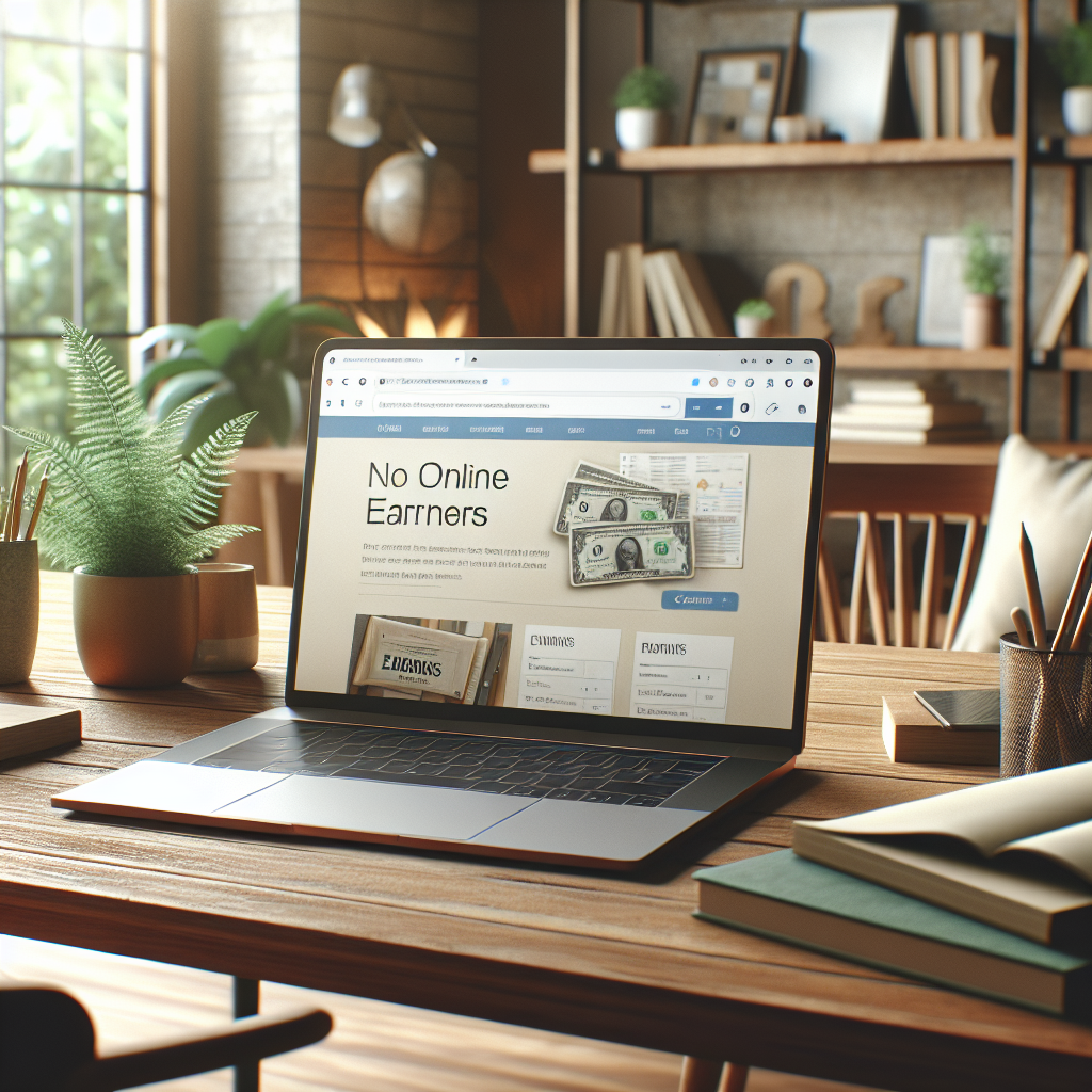 A laptop on a wooden desk displaying a website about online earnings in a cozy home office setting.