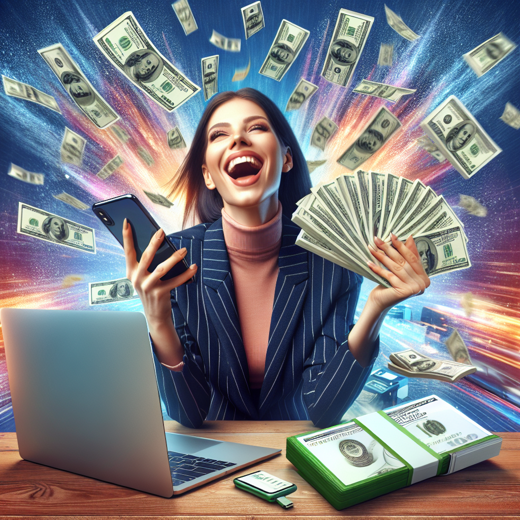 A person joyfully receiving a stack of money, with money flying around, and a laptop showing successful transactions.