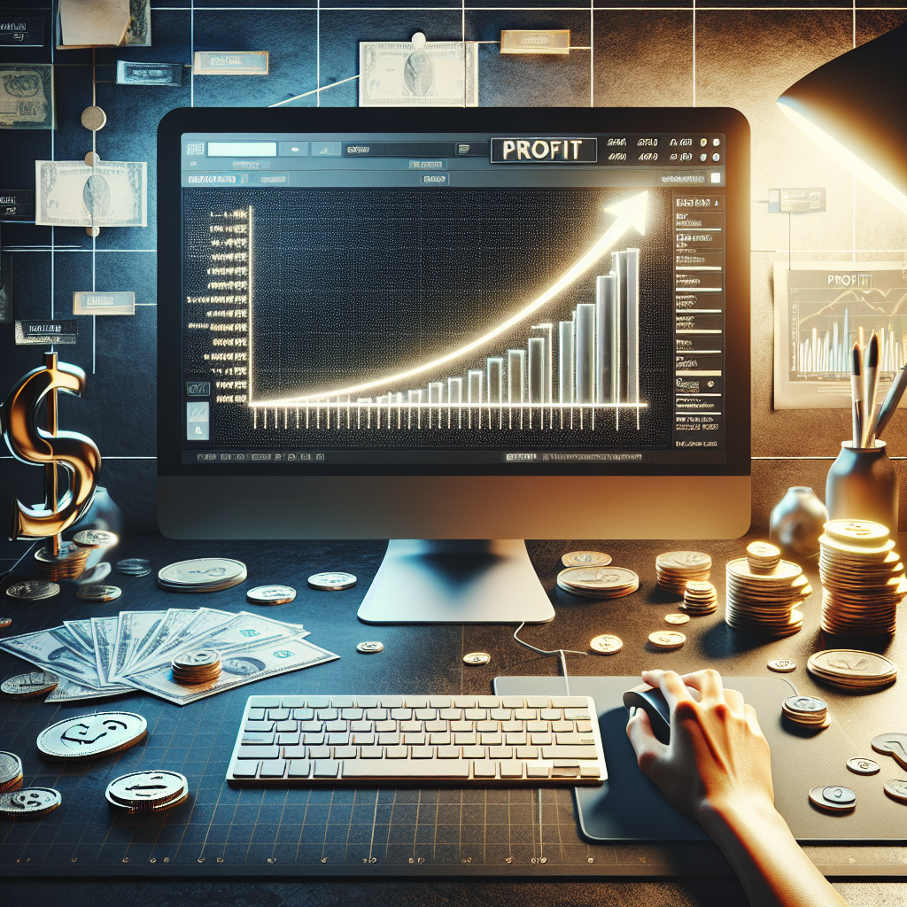 A realistic scene showing a computer screen with an ascending profit graph surrounded by financial elements.