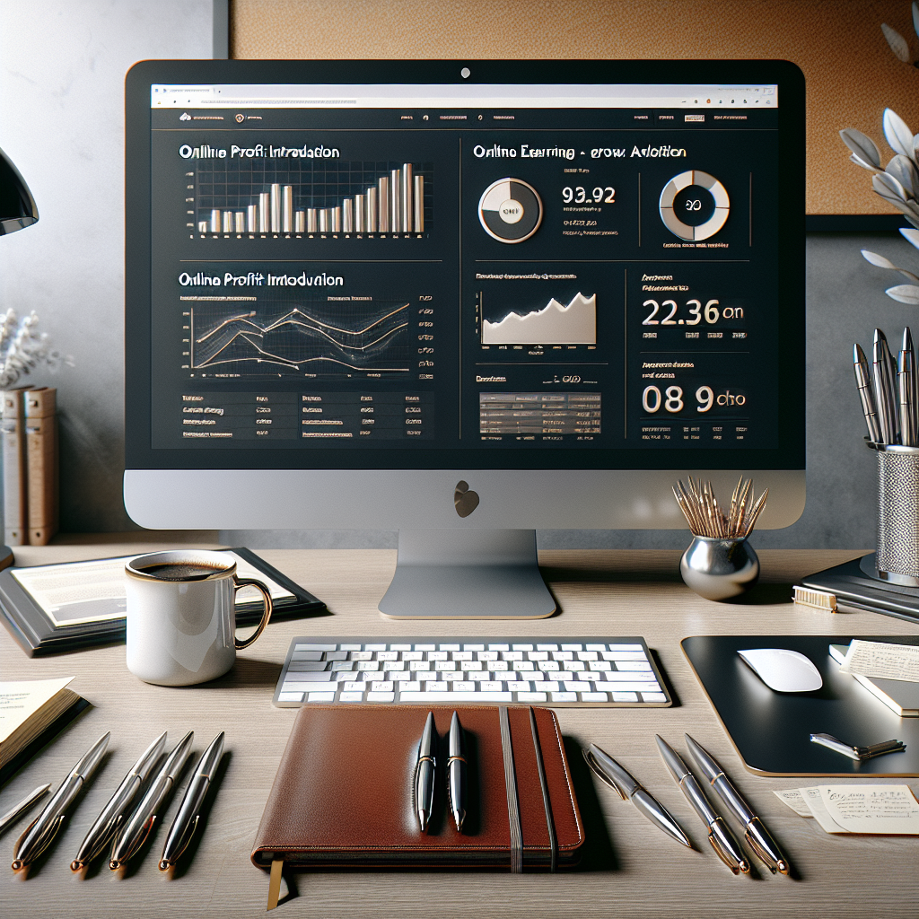 An office desk with a computer showing online profit introduction.