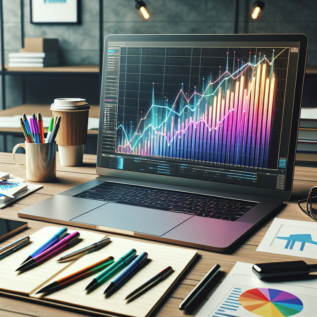 Realistic office workspace with a computer screen showing upward profit graph and business elements around.