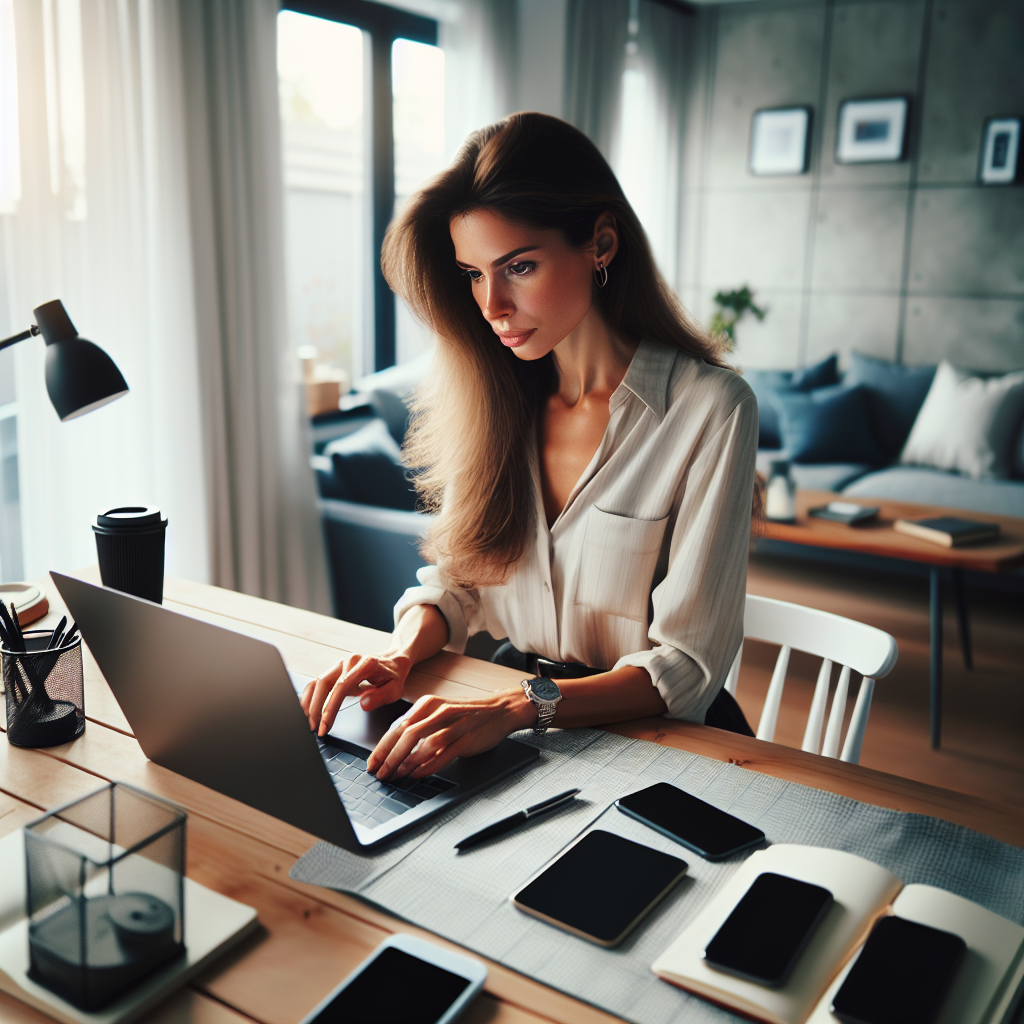 A person working on a laptop at a stylish home office with modern decor and multiple devices on the desk.