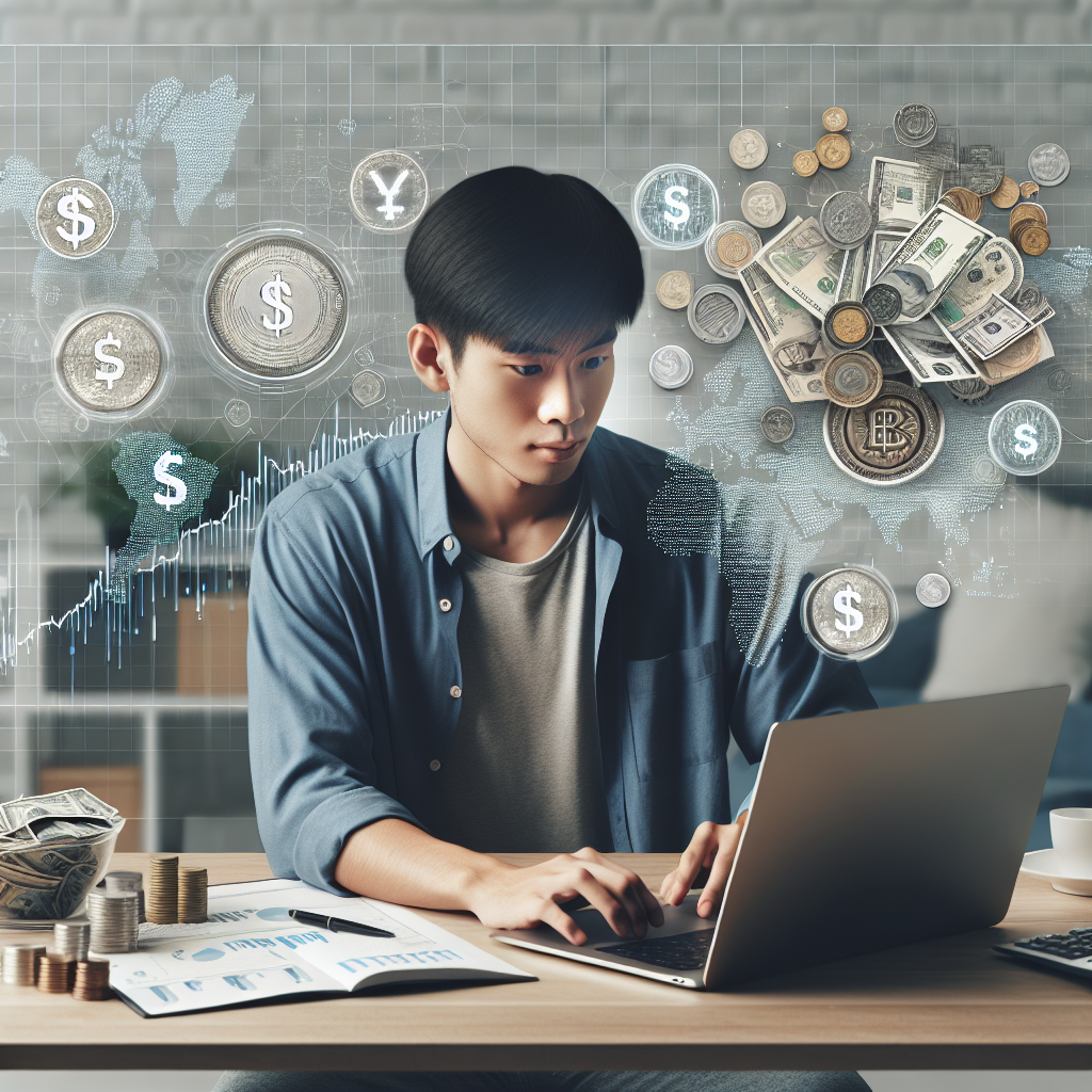 A person working on a laptop at home, surrounded by symbols and elements representing online earnings, in a realistic setting.