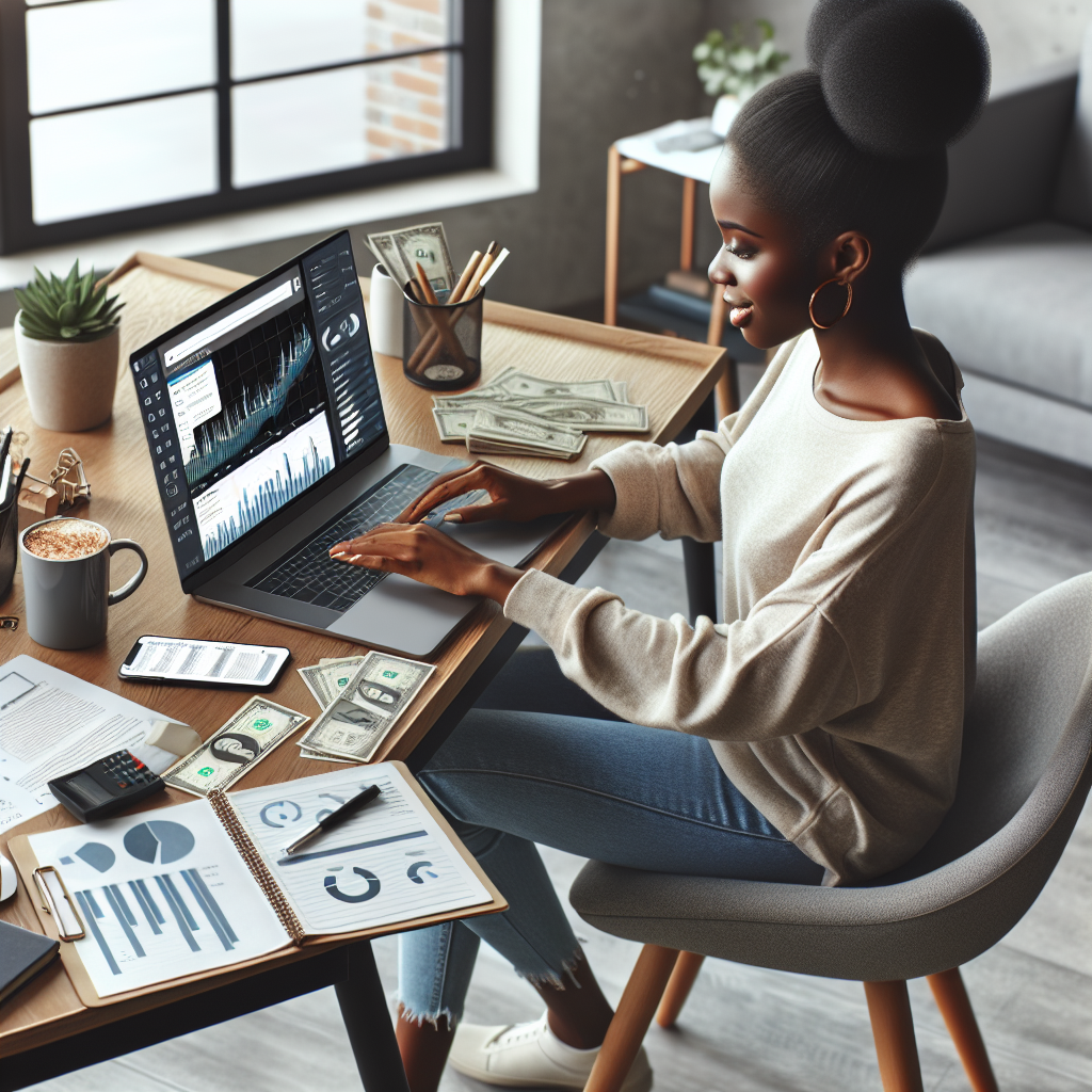 A person earning money online with a modern home office setup, laptop, financial graphs, coffee mug, notepad, and smartphone.