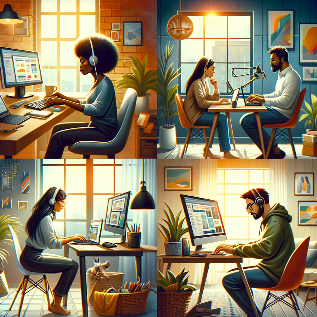 Realistic depiction of people engaging in various online side hustles in a modern home setting.