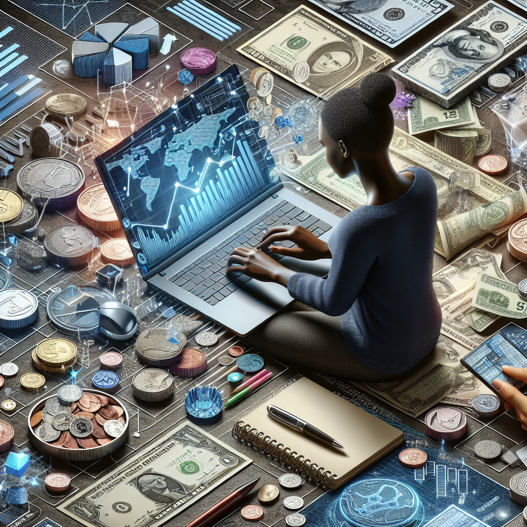 A person working on a laptop with financial charts, money notes, and coins, illustrating online money making.