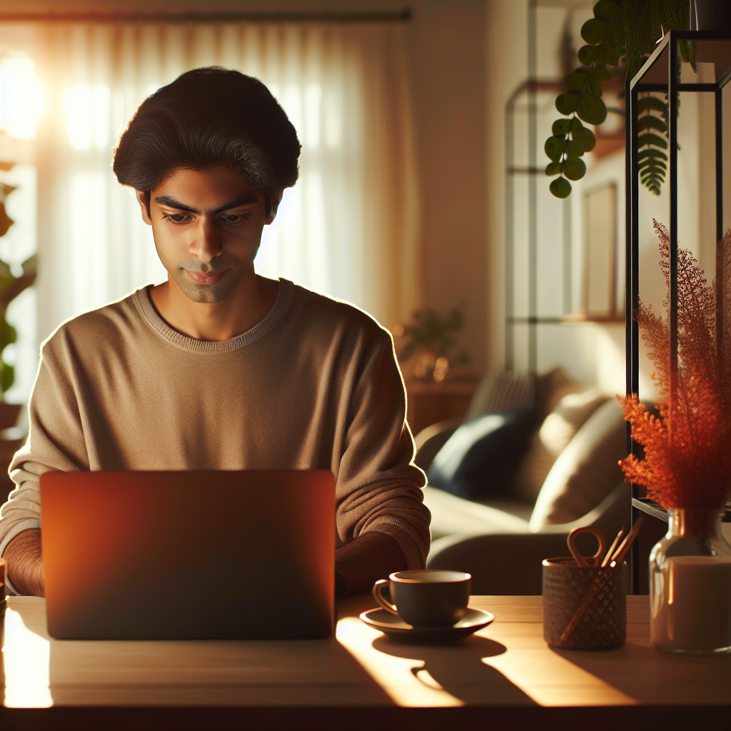 A person working on a laptop in a cozy home setting with natural lighting and modern decor.