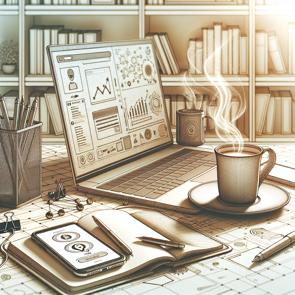 A realistic modern workspace with laptop, coffee cup, notebook, smartphone showing earnings, and bookshelf in natural light.