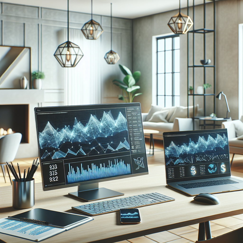 A modern home office with laptop, smartphone, and tablet displaying financial graphs, representing online money-making techniques