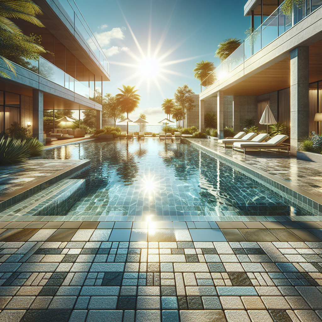 A realistic depiction of a pool area with stone pavers being sealed, showing the interaction between paver sealer and pool water.