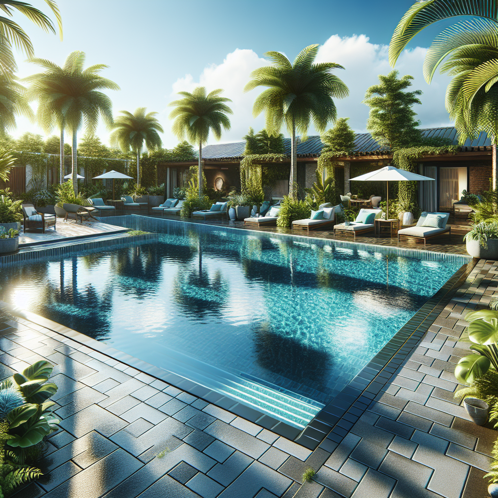 A backyard pool area with glossy pavers and clear water.